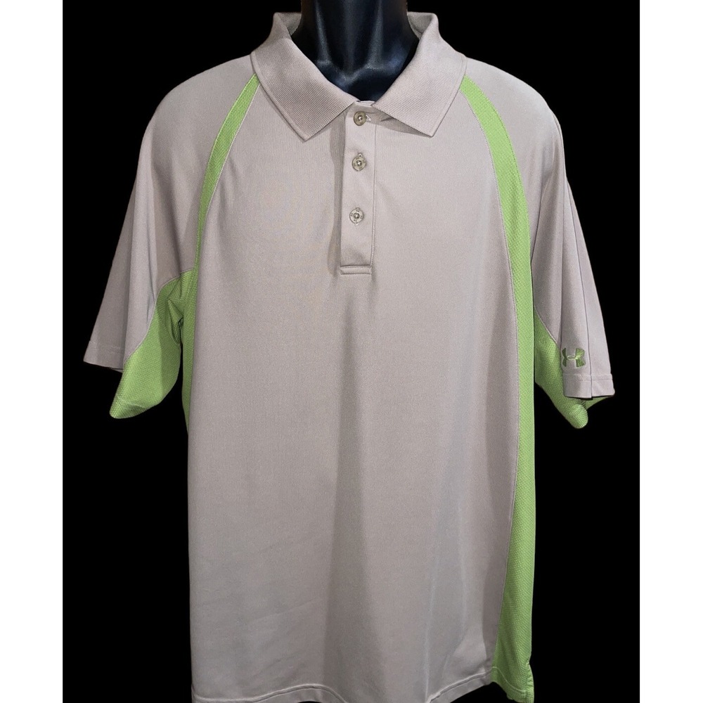 Under Armour Polo Shirt Men XL Short Sleeve Stretch Heatgear Golf Fish Tan Green